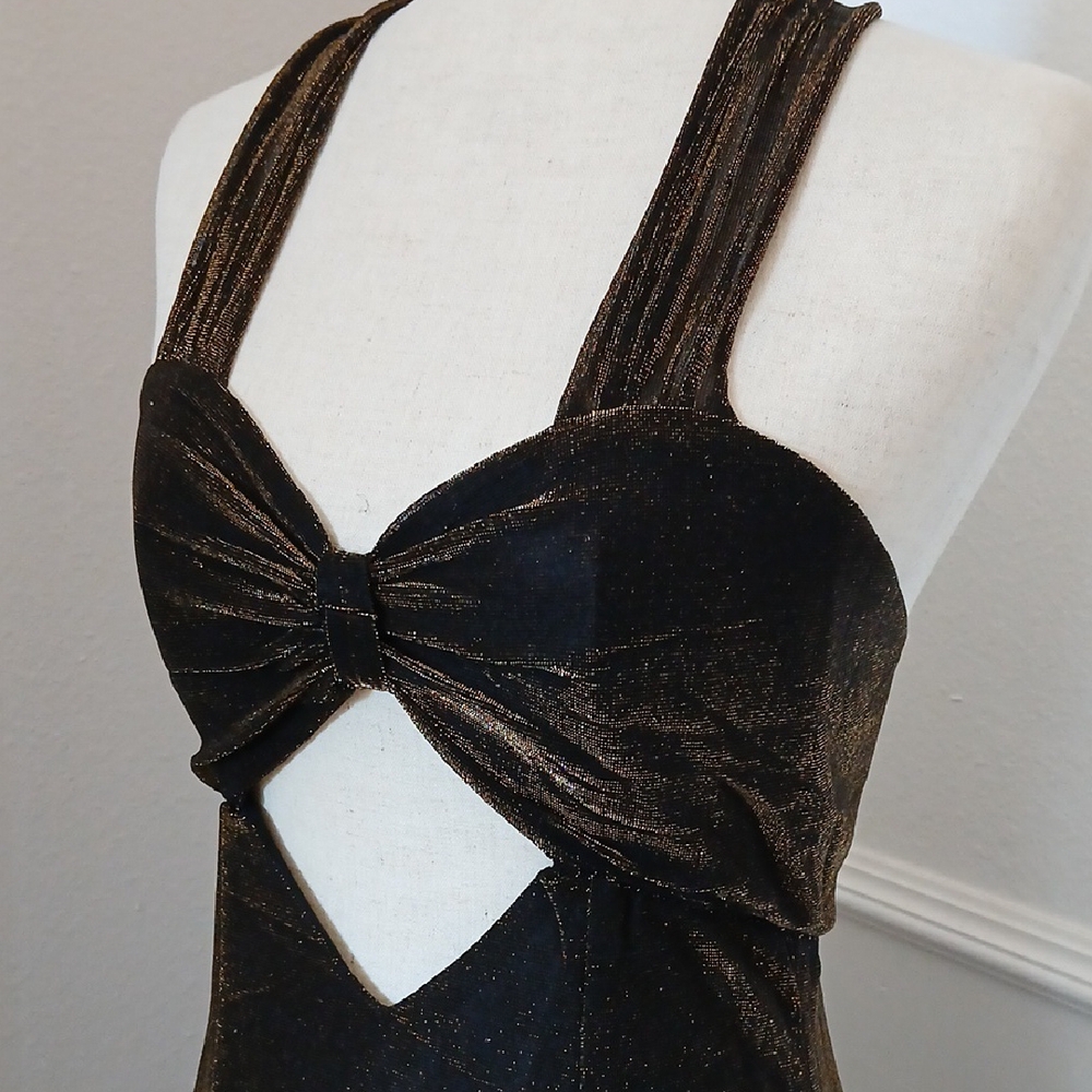 Vintage 80s Loralie Black and Gold Halter Maxi Dress
